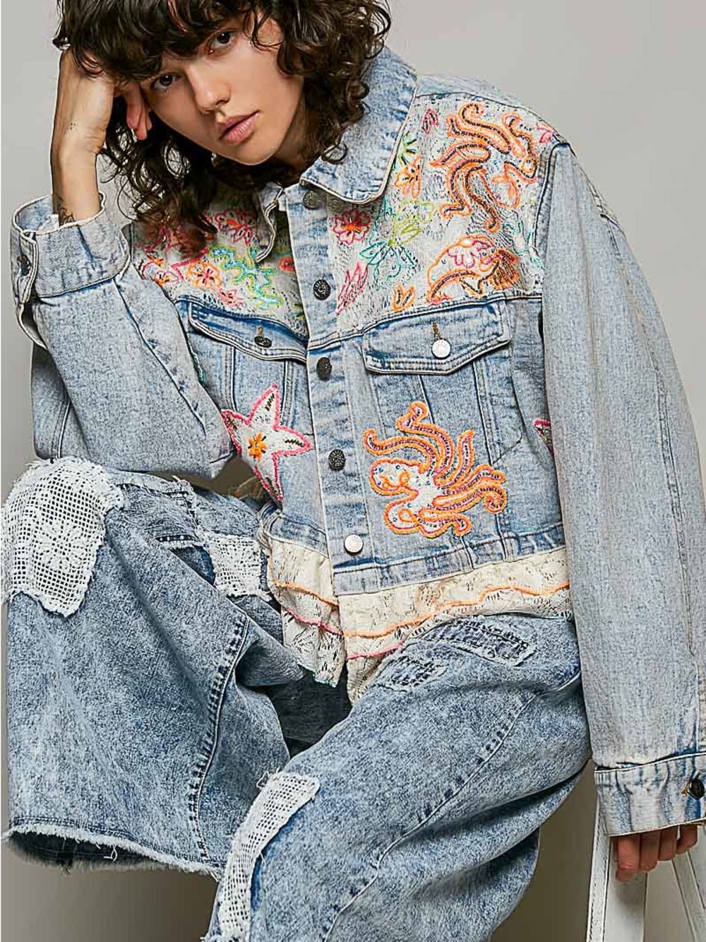D46. POL Embroidered Denim Jacket with Lace Trim - Picture 2 of 3